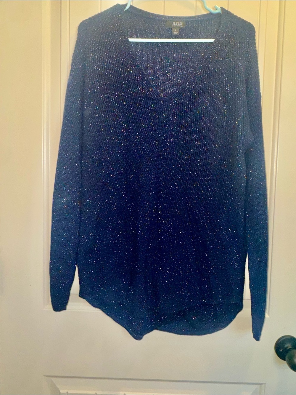 a.n.a women’s Sparkle Navy V-Neck long Sweater
